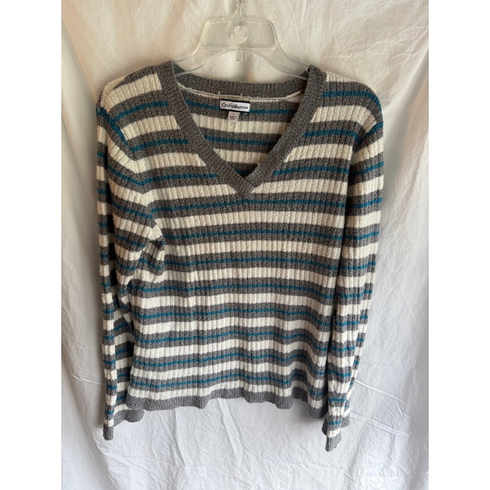 Croft & Barrow Womens Ribbed Striped V-Neck Sweater Grey White Teal Blue Large
